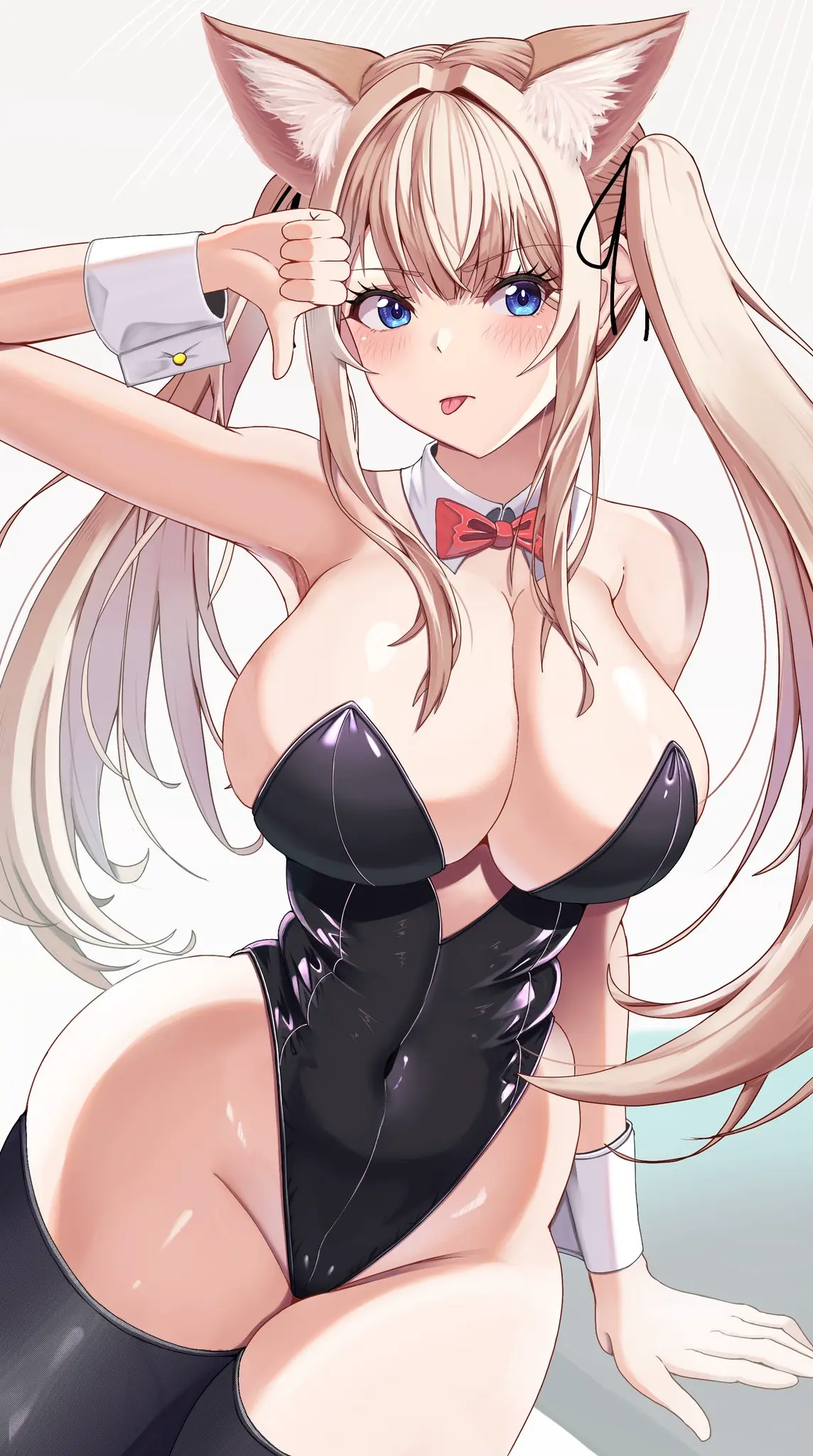Image 1girls,big_breasts,blush,breasts,female,large_breasts,long_hair,solo,standing,white_background,thighhighs,tongue_out,tongue,thick_thighs,thighs,wide_hips,hips,bare_shoulders,belly,belly_button,huge_breasts,2d,tied_hair,original_character,detached_sleeves,detached_collar,twintails,fox_ears,bunnysuit,oc,sticking_out_tongue,4_ears,belly_button_visible_through_clothing,source,slave_handles,thumbs_down,hossy