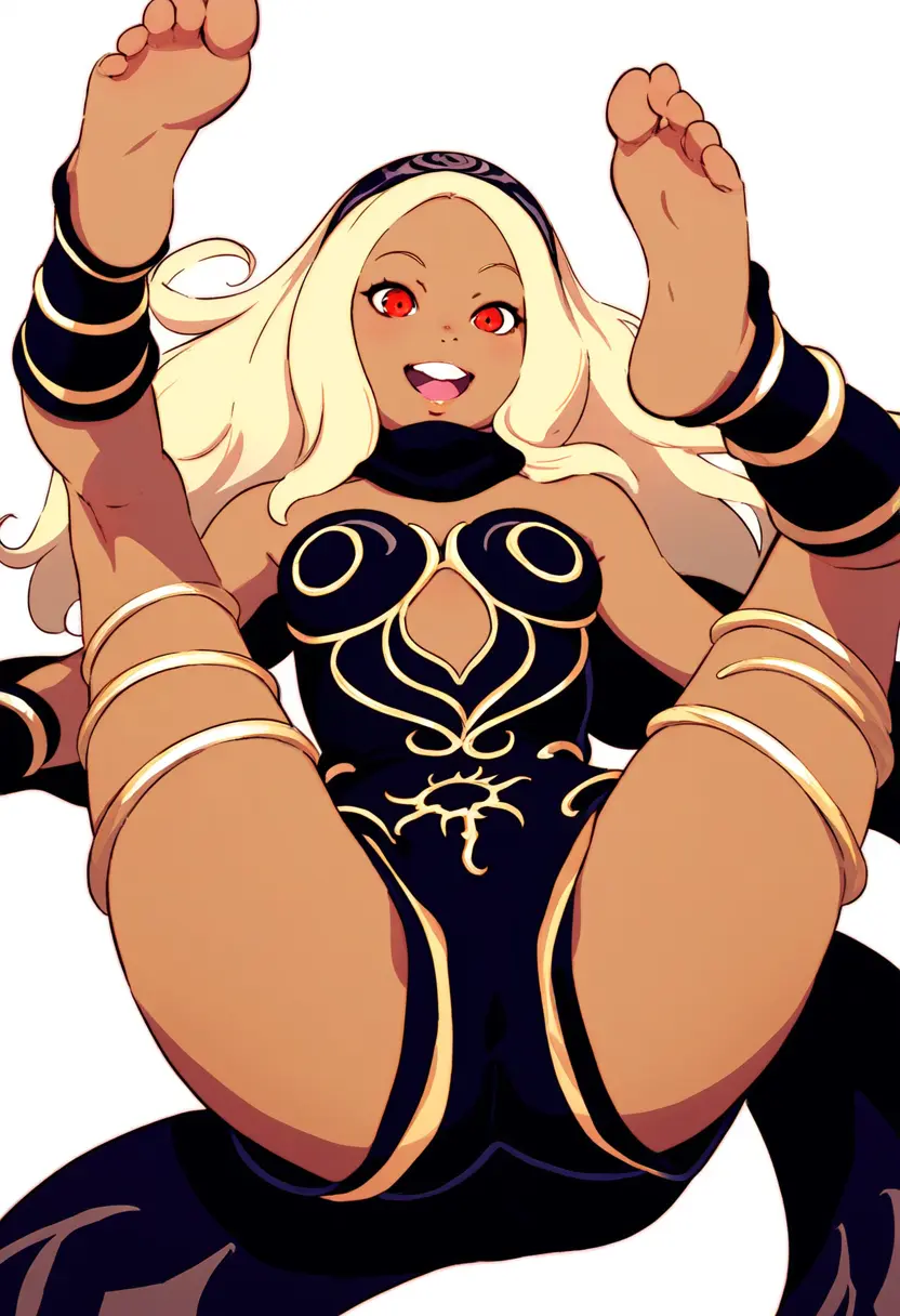 Image 1girls,breasts,female,long_hair,looking_at_viewer,red_eyes,lying,small_breasts,thick_thighs,barefoot,wide_hips,feet,smiling_at_viewer,ai_generated,sole_female,blonde_hair,spread_legs,teenager,dark-skinned_female,missionary_position,legs_up,soles,slim_waist,lying_on_back,lying_down,gravity_rush,kat_(gravity_rush),biao-9527