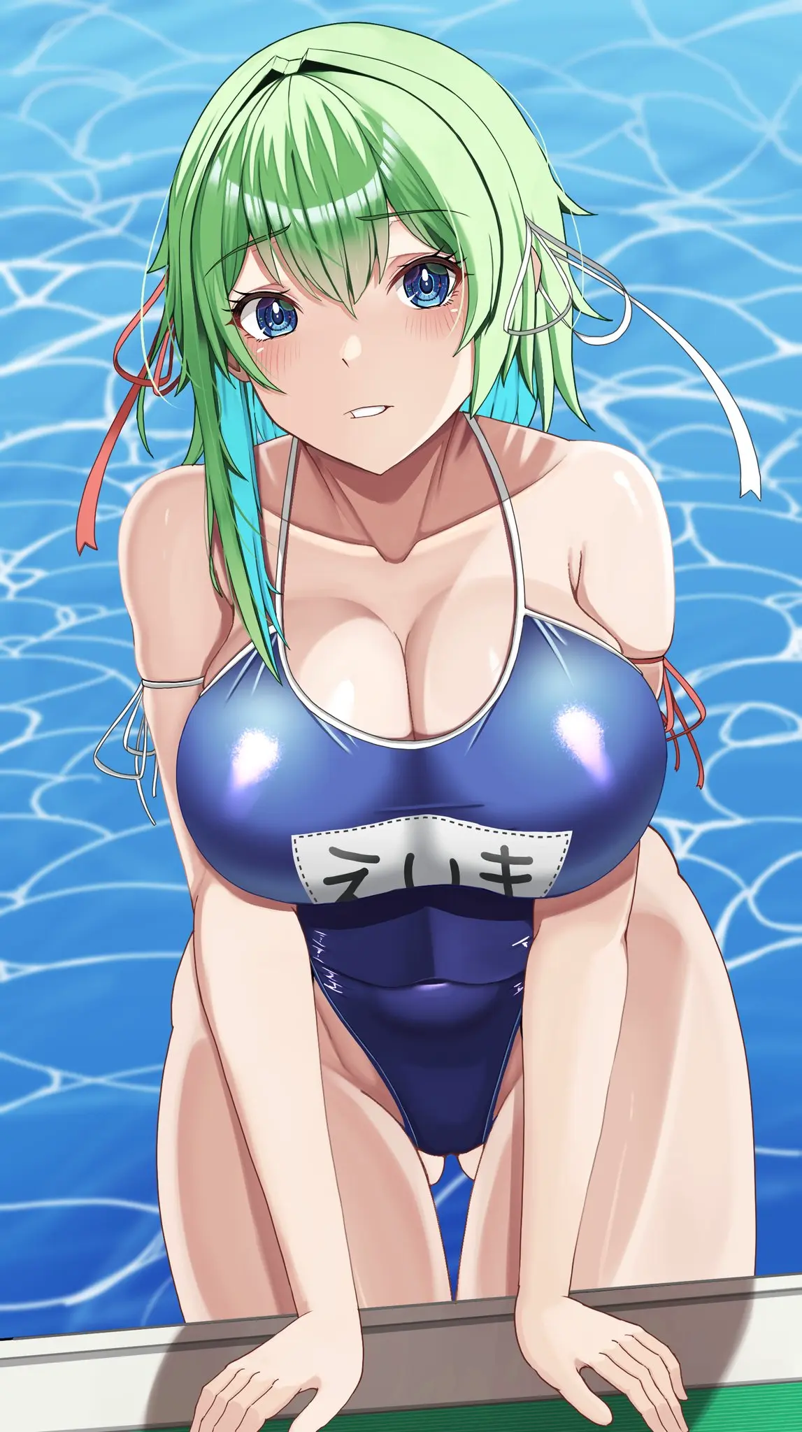 Image 1girls,big_breasts,blush,breasts,female,hair_ornament,large_breasts,looking_at_viewer,open_mouth,solo,standing,touhou,blue_eyes,short_hair,thick_thighs,thighs,wide_hips,hips,shy,bare_shoulders,belly,belly_button,cleavage,huge_breasts,2d,swimsuit,green_hair,swimwear,swimming_pool,belly_button_visible_through_clothing,source,eiki_shiki,hossy