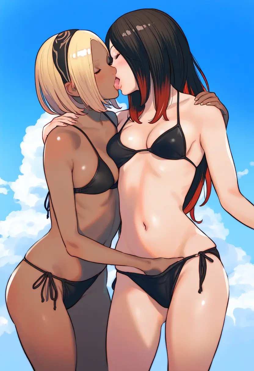 Image breasts,female,2girls,black_hair,red_hair,bikini,small_breasts,two_tone_hair,wide_hips,ai_generated,belly_button,blonde_hair,swimsuit,dark-skinned_female,slim_waist,yuri,fingering,kissing,french_kiss,hand_on_pussy,eyes_closed,french_kissing,hand_under_clothes,gravity_rush,kat_(gravity_rush),biao-9527,raven_(gravity_rush)