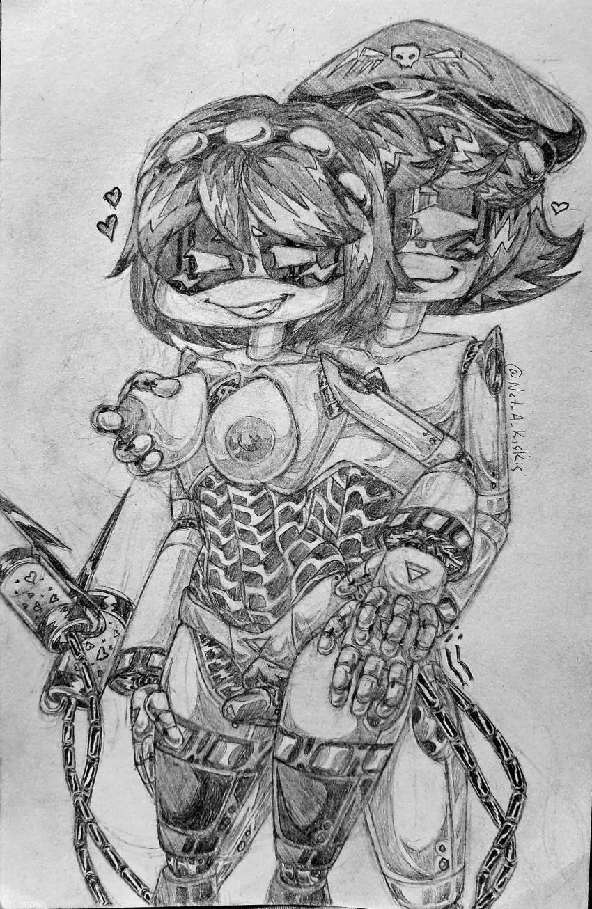 Image 1girls,big_breasts,breasts,female,1boy,male,thick_thighs,male/female,naked,wet_pussy,naked_female,holding_breast,naked_male,robot,traditional_media_(artwork),smug_face,rubbing_penis,murder_drones,mechanical,glitch_productions,n_(murder_drones),v_(murder_drones),kiskis