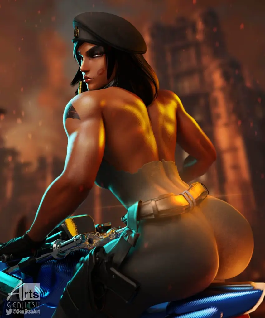 Image female,black_hair,ass,dark_skin,muscular,lipstick_mark,riding,dark-skinned_female,3d,blender,self_upload,black_eyes,high_resolution,muscular_female,overwatch,overwatch_2,muscles,bike,pharah,genjitsu_art