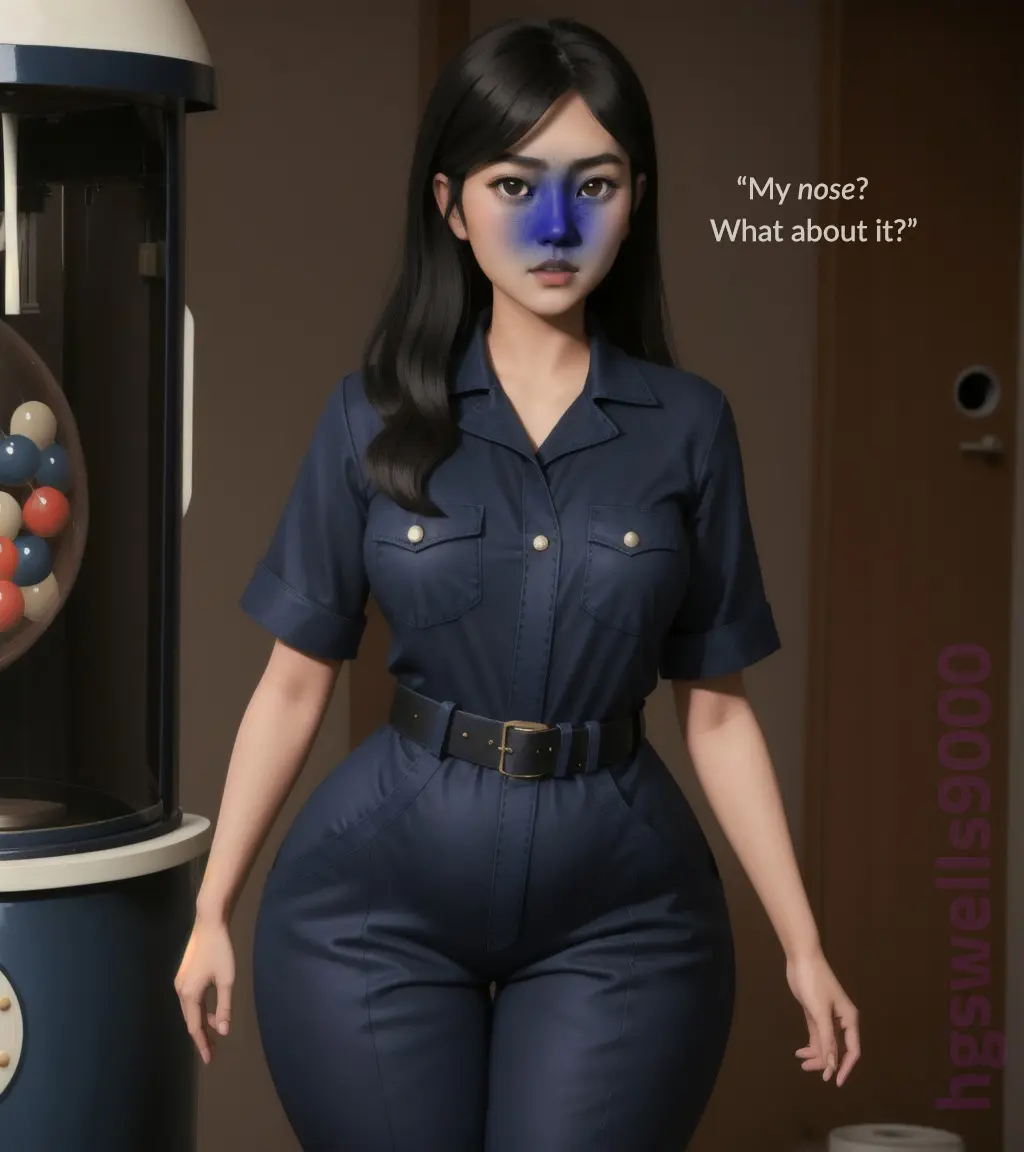 Image 1girls,breasts,female,female_only,light-skinned_female,long_hair,solo,black_hair,big_ass,wide_hips,ai_generated,text,medium_breasts,stable_diffusion,dialogue,belt,black_belt,thin_waist,english_text,big_thighs,asian,asian_female,blue_skin,work_uniform,skin_turning_blue,hgswells9000