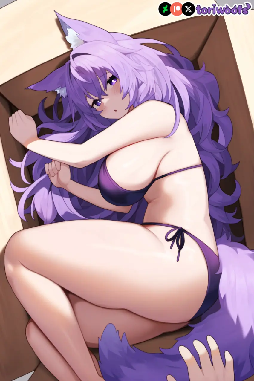 Image 1girls,big_breasts,breasts,female,female_only,highres,light_skin,long_hair,bikini,female_focus,thick_thighs,thighs,wide_hips,patreon_username,watermark,hips,ai_generated,wavy_hair,huge_breasts,kemonomimi,purple_eyes,curvy,purple_hair,cute,dog_ears,dog_girl,wolf_ears,huge_boobs,box,purple_ears,light_skinned_female,doggirl,petgirl,purple_tail,tori,toriwoofs,cardboard_box