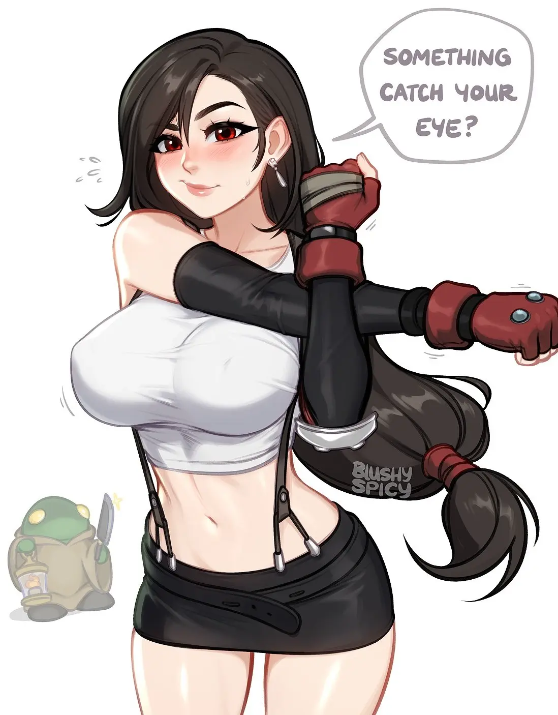 Image big_breasts,breasts,clothed,clothing,female,human,large_breasts,long_hair,looking_at_viewer,red_eyes,suspenders,white_background,black_hair,navel,earrings,artist_name,midriff,huge_breasts,skirt,artist_signature,final_fantasy,final_fantasy_vii,tifa_lockhart,artist_logo,low-tied_long_hair,url,among_us,among_us_reference,suspender_skirt,blushypixy,blushyspicy,hidden_amogus,sussy_baka
