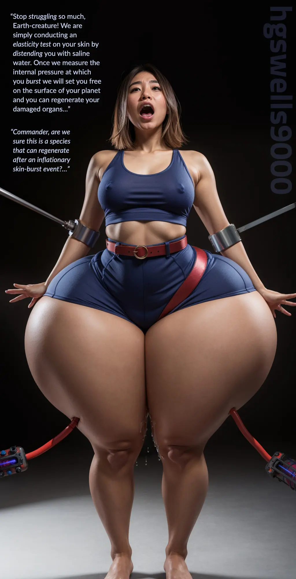 Image 1girls,breasts,female,light-skinned_female,black_hair,big_ass,multicolored_hair,wide_hips,ai_generated,blonde_hair,medium_breasts,stable_diffusion,restrained,inflation,dialogue,thin_waist,big_thighs,expansion,nipples_visible_through_clothing,asian,asian_female,tank_top,ass_expansion,injection,water_inflation,blue_tank_top,liquid_inflation,experiment,alien_abduction,hgswells9000,test_subject