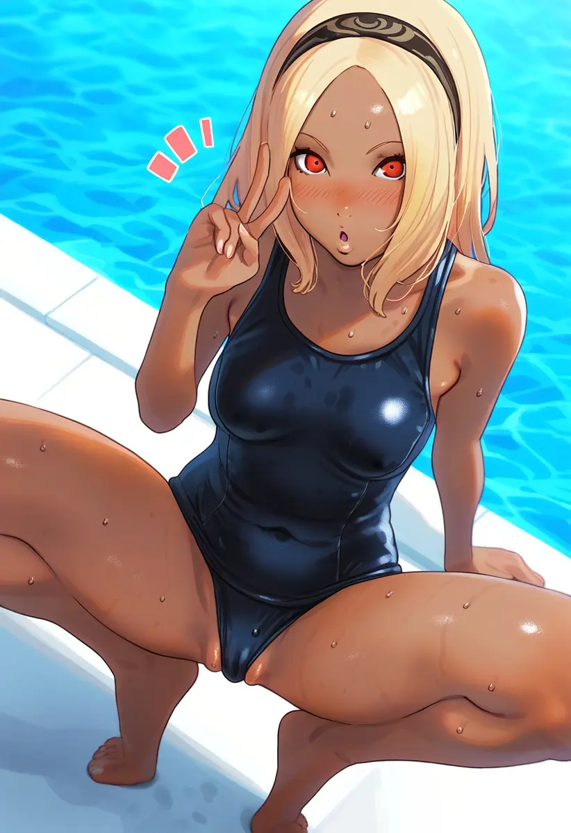 Image blush,breasts,female,looking_at_viewer,red_eyes,thick_thighs,barefoot,wide_hips,beach,feet,wet_skin,ai_generated,belly_button,blonde_hair,medium_breasts,spread_legs,one-piece_swimsuit,swimsuit,tanned_skin,tanned_female,dark-skinned_female,wet_pussy,slim_waist,crouching,wet_body,boots,crouching_female,swimming_pool,gravity_rush,kat_(gravity_rush),biao-9527