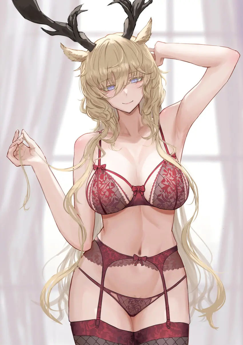 Image 1girls,breasts,female,female_only,head_tilt,highres,light-skinned_female,long_hair,looking_at_viewer,smile,standing,very_long_hair,animal_ears,blue_eyes,hand_on_head,navel,bra,panties,underwear,smiling,arknights,armpits,hips,horns,waist,bare_shoulders,cleavage,lingerie,solo_female,blonde_hair,kemonomimi,hair_between_eyes,chest,garter_belt,pubic_hair_peek,red_panties,:),red_underwear,red_bra,red_lingerie,viviana_(arknights),gino,red_garter_belt