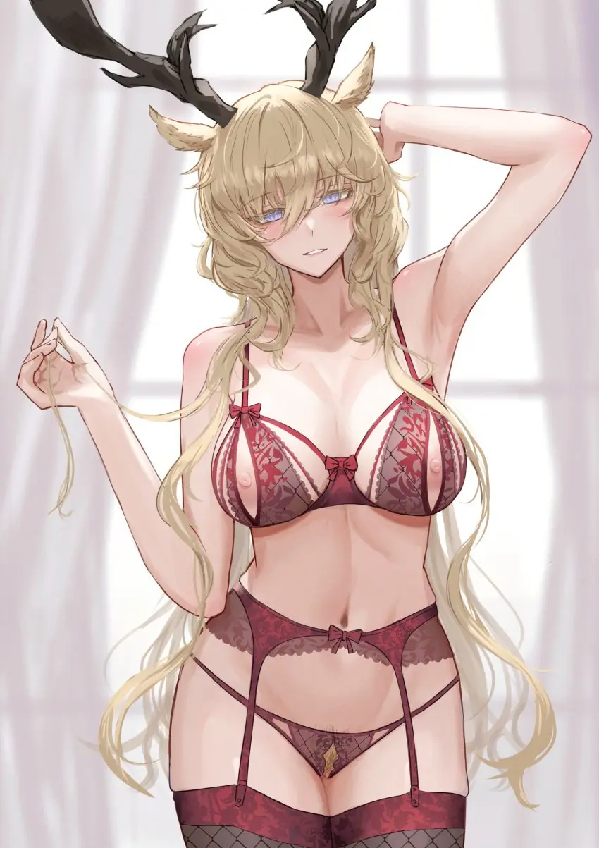 Image 1girls,blush,female,female_only,head_tilt,highres,light-skinned_female,long_hair,looking_at_viewer,nipples,standing,very_long_hair,animal_ears,blue_eyes,hand_on_head,navel,bra,panties,underwear,areolae,arknights,armpits,embarrassed,hips,horns,waist,bare_shoulders,lingerie,solo_female,blonde_hair,kemonomimi,parted_lips,pubic_hair,hair_between_eyes,revealing_clothes,female_pubic_hair,garter_belt,hairy_pussy,crotchless,pubic_hair_peek,red_panties,red_underwear,red_bra,cutout,exposed_nipples,red_lingerie,nippleless_clothes,crotchless_panties,viviana_(arknights),nippleless_bra,gino,red_garter_belt