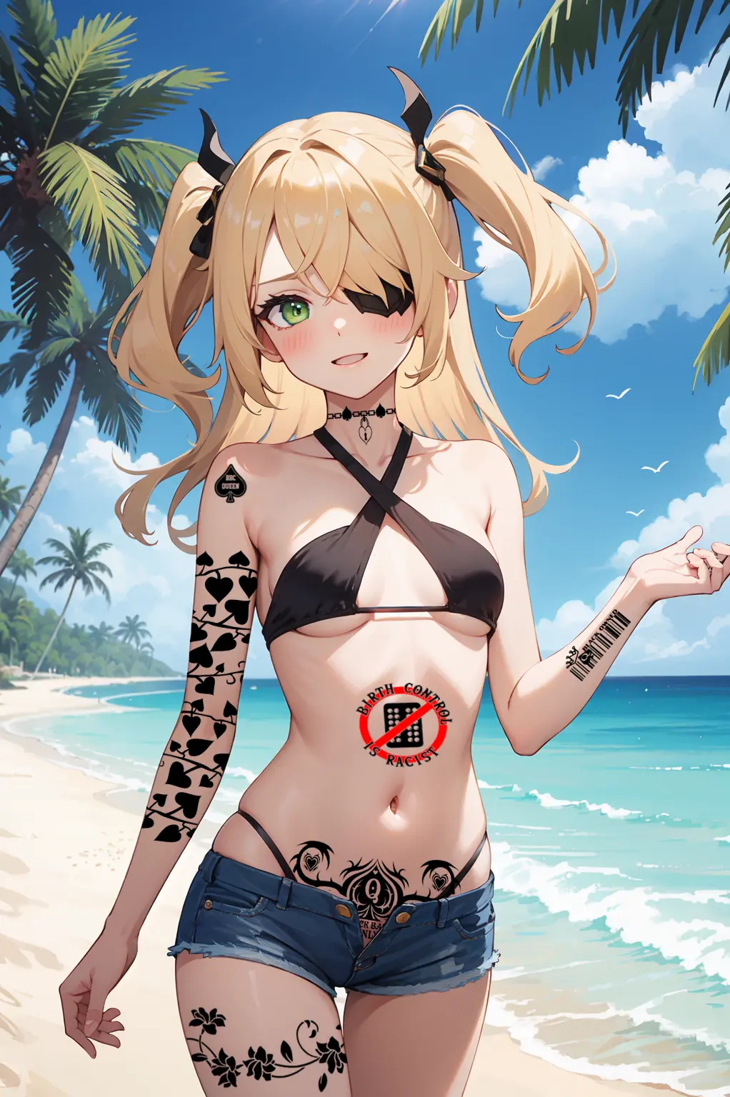 Image breasts,female,small_breasts,ai_generated,blonde_hair,petite,genshin_impact,small_waist,body_writing,queen_of_spades,degradation,eye_patch,short_shorts,fischl_(genshin_impact),bar_code