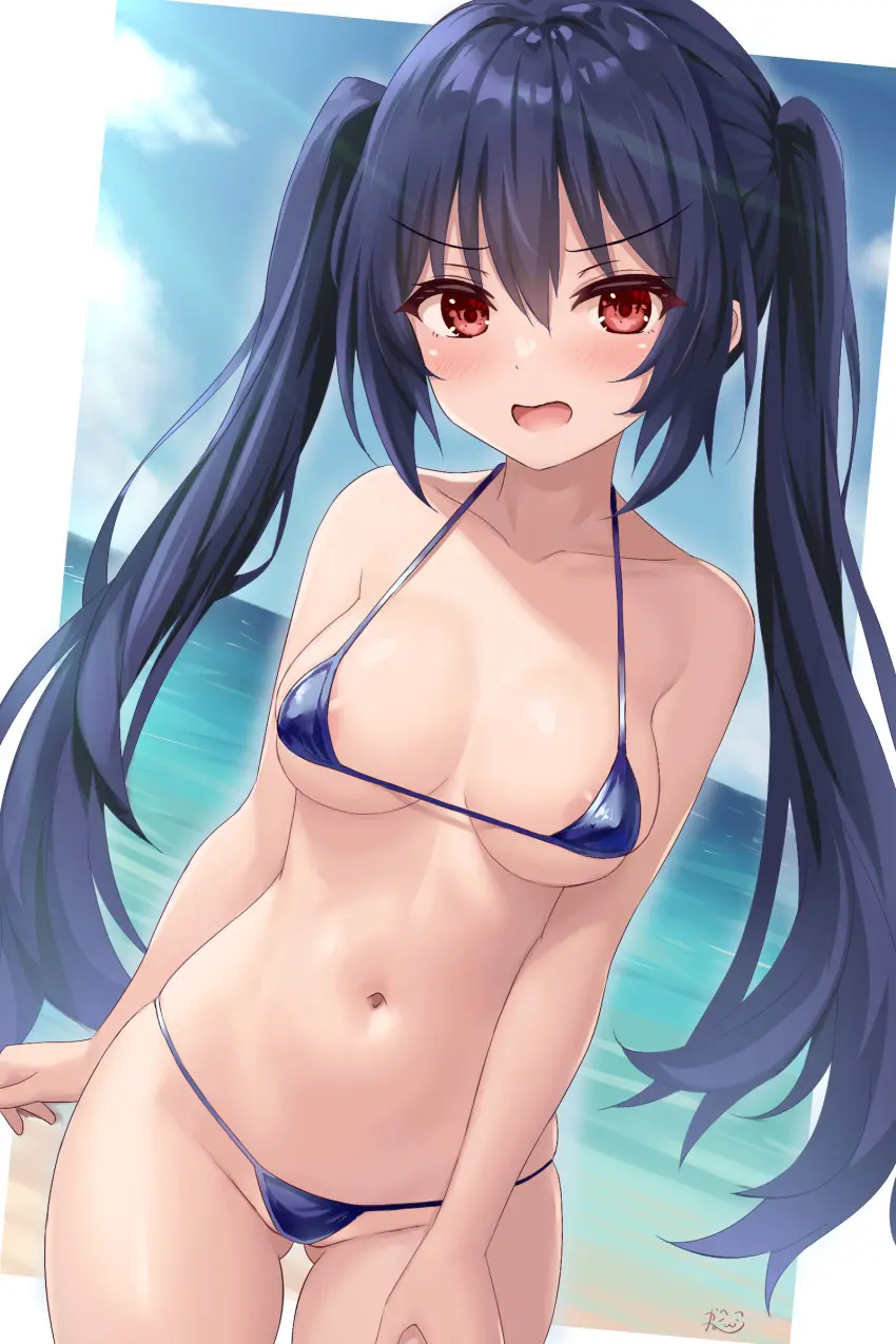 Image blush,breasts,female,light-skinned_female,long_hair,looking_at_viewer,open_mouth,red_eyes,solo,black_hair,bikini,areolae,beach,cleavage,outdoors,twintails,front_view,close-up,neptunia_(series),noire,kazuneko_(wktk1024)