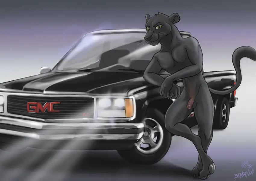 Image brown_eyes,simple_background,smile,solo,male,nude,penis,tail,smiling_at_viewer,pose,fur,genitals,mammal,black_body,foreskin,uncircumcised,humanoid_genitalia,felid,black_fur,pantherine,vehicle,truck_(vehicle),retro,gmc,light_truck,wolfyalex96