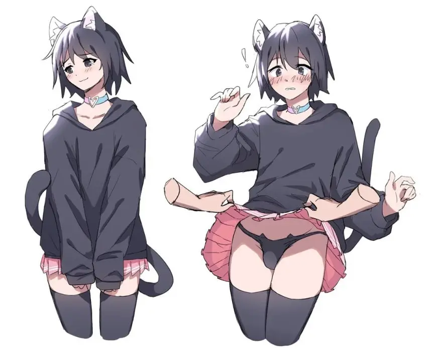 Image 2023,blush,female,white_background,1boy,black_hair,male,tail,thighhighs,panties,cat_ears,crossdressing,femboy,original,original_character,cat_tail,collar,skirt,male_focus,disembodied_hands,hoodie,skirt_lift,femboy_focus,catboy,tomgirl,yozora1326