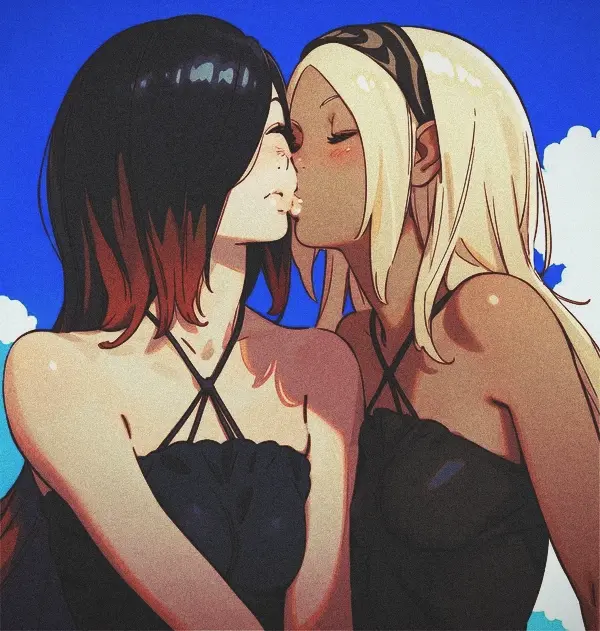 Image breasts,female,2girls,black_hair,red_hair,small_breasts,two_tone_hair,wide_hips,ai_generated,belly_button,blonde_hair,swimsuit,closed_eyes,dark-skinned_female,slim_waist,yuri,kissing,gravity_rush,kat_(gravity_rush),biao-9527,raven_(gravity_rush)