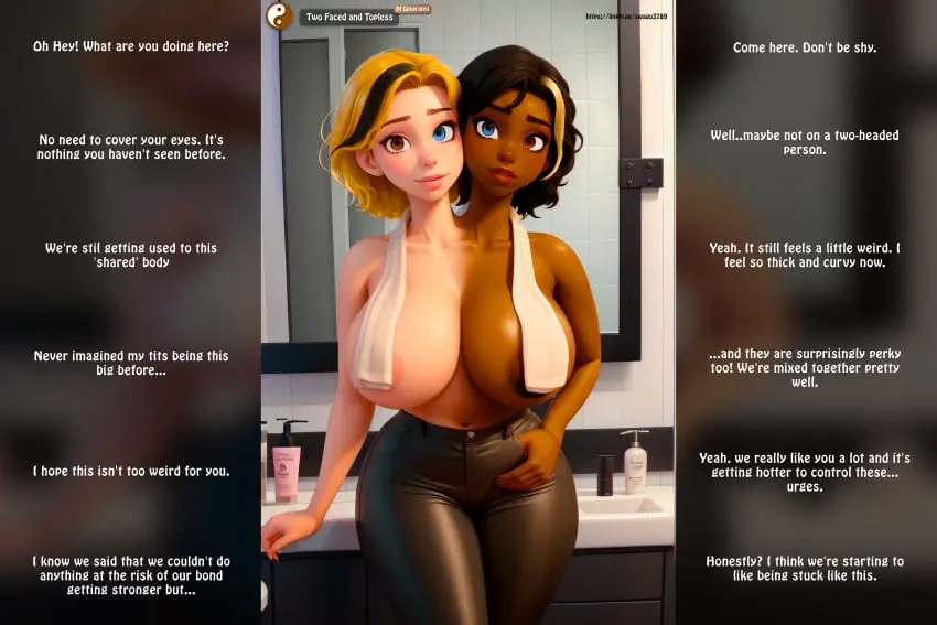 Image big_breasts,breasts,breasts_out,breasts_out_of_clothes,brown_eyes,female,female_only,large_breasts,light-skinned_female,light_skin,looking_at_viewer,pants,2girls,blue_eyes,curly_hair,interracial,wide_hips,areola,areolae,ai_generated,wavy_hair,huge_breasts,blonde_hair,curvy,curvy_female,curvy_figure,brown_hair,dark-skinned_female,topless,two_tone_body,dialogue,bathroom,thin_waist,thick_hips,pink_areola,female/female,towel,topless_female,story,talking_to_viewer,areola_slip,facing_viewer,brown_skin,black_pants,multi_head,mirror,ai_art,brown_areola,white_female,chocolate_and_vanilla,tight_pants,african_female,towel_on_shoulder,conjoined,areolae_slip,towel_around_neck,two_tone_skin,african,black_female,bathroom_wall,2_heads,conjoined_twins,identical_twins,seaart.ai,speaking_to_viewer,stuck_together,swago3789,different_eye_color,mixed_hair_color,speech_line,towel_over_breasts,bathroom_sink,different_colored_nipples,towel_covering_breasts,bathroom_tile