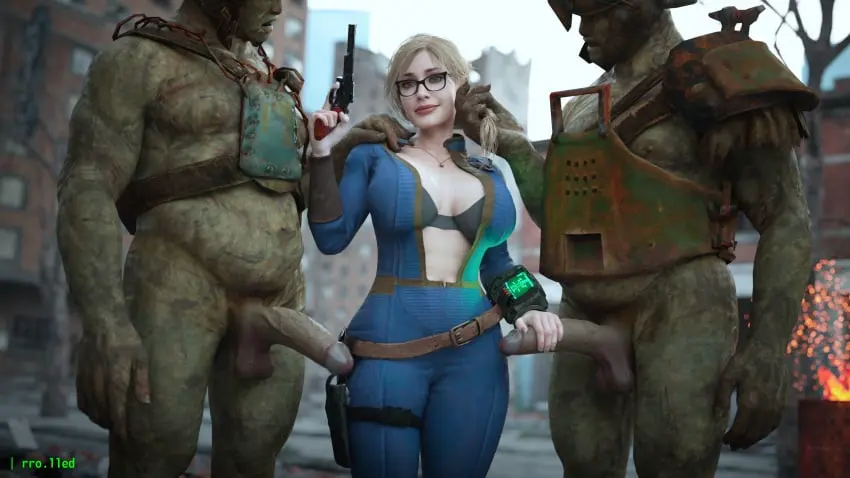 Image big_breasts,breasts,clothing,female,human,male,female_focus,sex,wide_hips,eyewear,tagme,blonde_hair,green_skin,busty,pale_skin,3d,hourglass_figure,green_body,computer,weapon,electronics,gangbang,fallout,vault_girl,vault_suit,wristwear,handgun,pip-boy,firearm,revolver,super_mutant,rro.lled