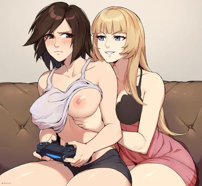 Image blush,breasts,brown_eyes,female,highres,large_breasts,long_hair,nipples,open_mouth,2girls,blue_eyes,blunt_bangs,multiple_girls,navel,short_hair,bare_shoulders,cleavage,blonde_hair,gaming,brown_hair,grabbing,grabbing_another's_breast,grabbing_from_behind,yuri,holding,breast_grab,nipple_stimulation,nipple_tweak,groping,molestation,annoyed,tomboy,tank_top,one_breast_out,namco,tekken,controller,game_controller,holding_controller,emilie_de_rochefort,kazama_asuka,holding_game_controller,hand_under_clothes,playstation_controller,breast_grab_from_behind,allen_skies,allen_skies02,gamepad