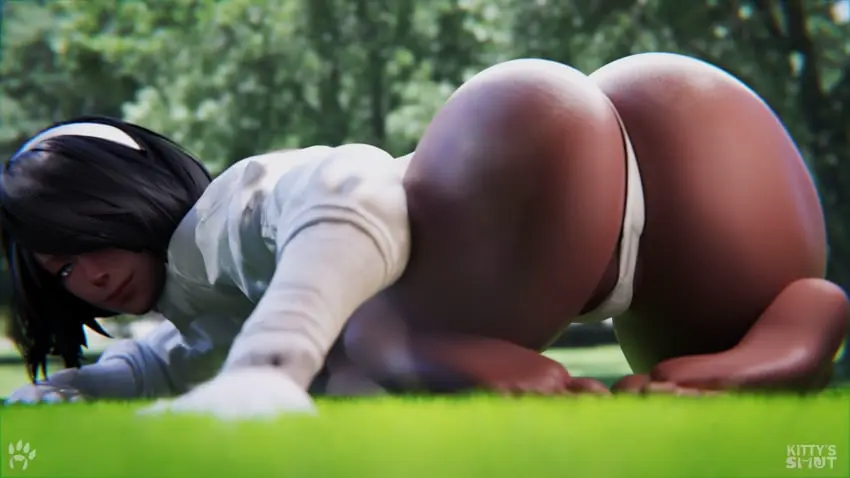 Image 1girls,female,looking_at_viewer,black_hair,ass,big_ass,big_butt,smiling,smiling_at_viewer,solo_female,tagme,dark-skinned_female,3d,butt,grass,face_down_ass_up,nier:_automata,white_headband,trees,yorha_2p,kittyssmut