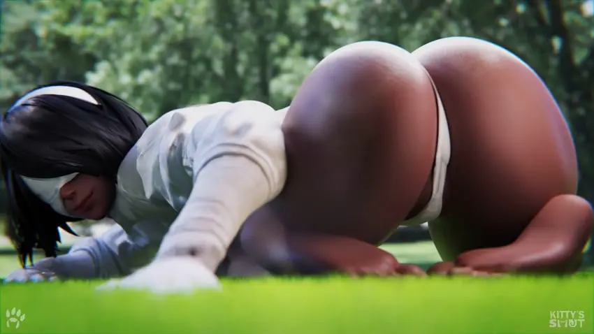 Image 1girls,female,looking_at_viewer,black_hair,ass,big_ass,big_butt,smiling,smiling_at_viewer,solo_female,tagme,dark-skinned_female,3d,butt,blindfold,blindfolded,grass,face_down_ass_up,nier:_automata,white_headband,trees,blindfolded_female,yorha_2p,kittyssmut,white_visor