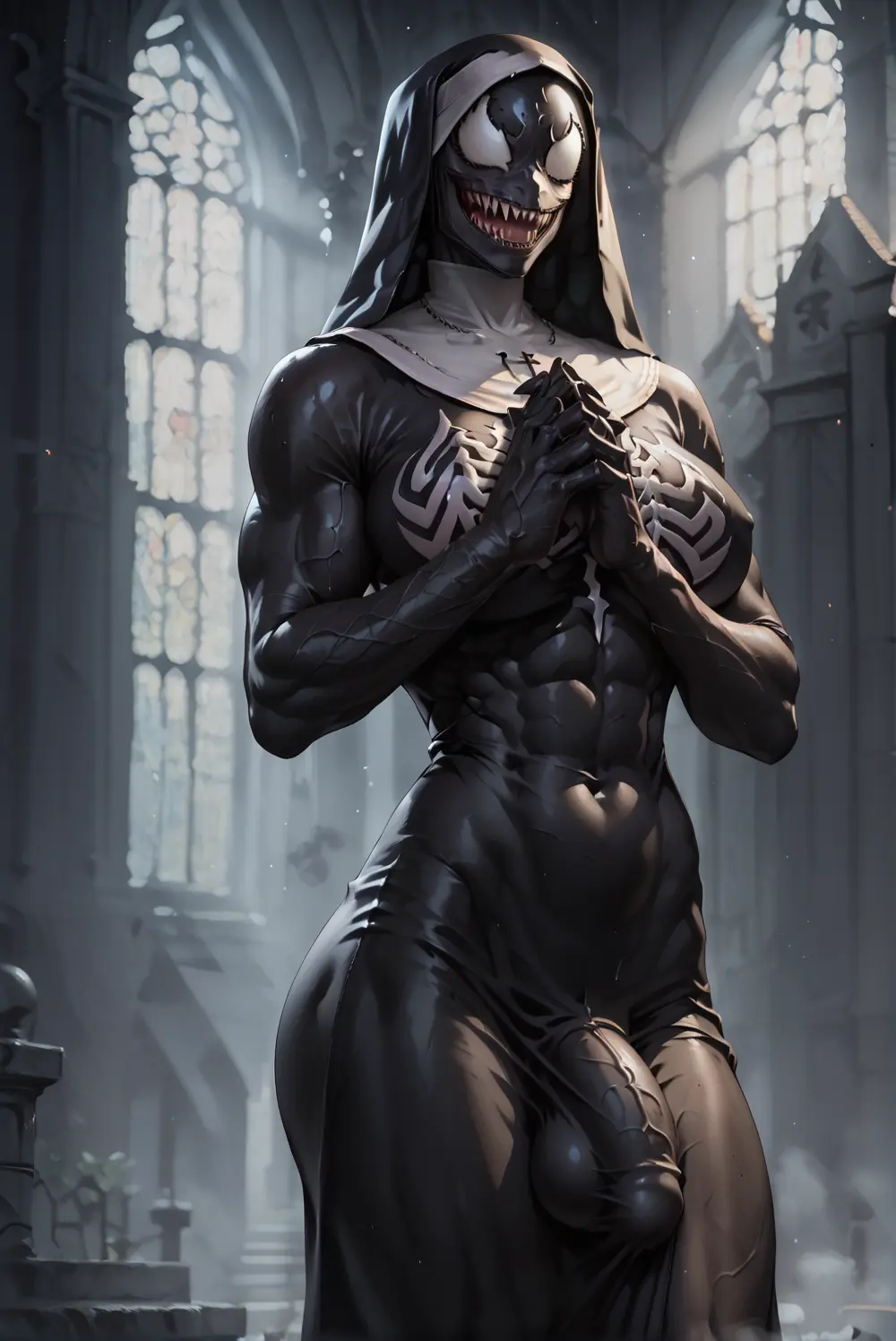 Image female,futanari,intersex,athletic,ai_generated,stable_diffusion,partially_clothed,athletic_female,marvel,marvel_comics,spider-man_(series),santarvengar,nightmare_waifu,she-venom