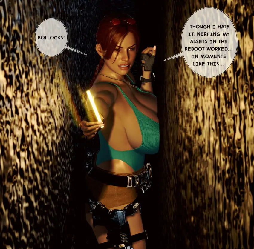 Image big_breasts,breasts,brown_eyes,female,female_only,large_breasts,standing,earrings,female_focus,wide_hips,cleavage,text,sunglasses_on_head,busty,brown_hair,braid,3d,hourglass_figure,bimbo,belt,fingerless_gloves,leotard,speech_bubble,long_fingernails,sunglasses,short_shorts,thigh_holster,thong_leotard,lara_croft,tomb_raider,lara_croft_(classic),eleven_(artist)