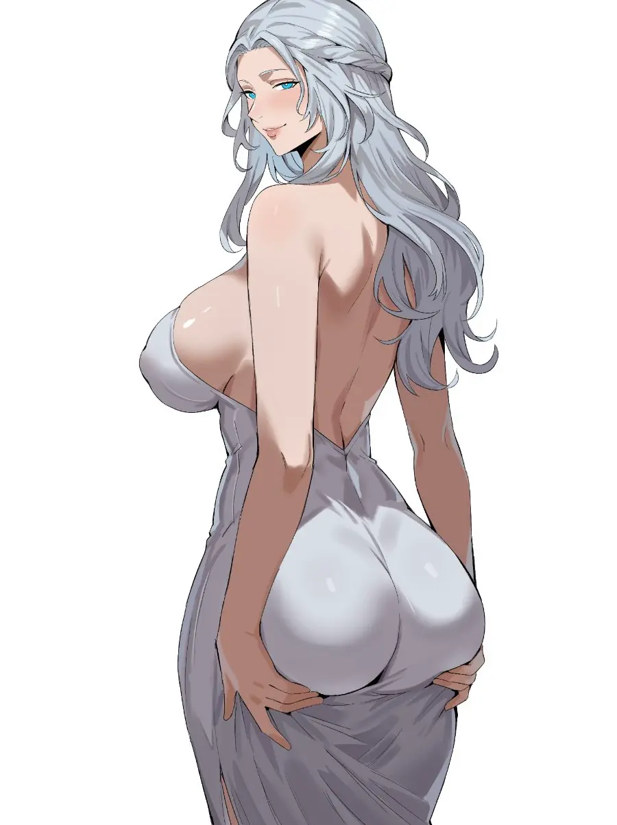 Image big_breasts,breasts,female,long_hair,white_hair,blue_eyes,big_butt,final_fantasy_xiv,backless_outfit,squeezing_butt,jamjam,gown,hydaelyn,venat_(ffxiv),from_behind_view,jamjamstyle