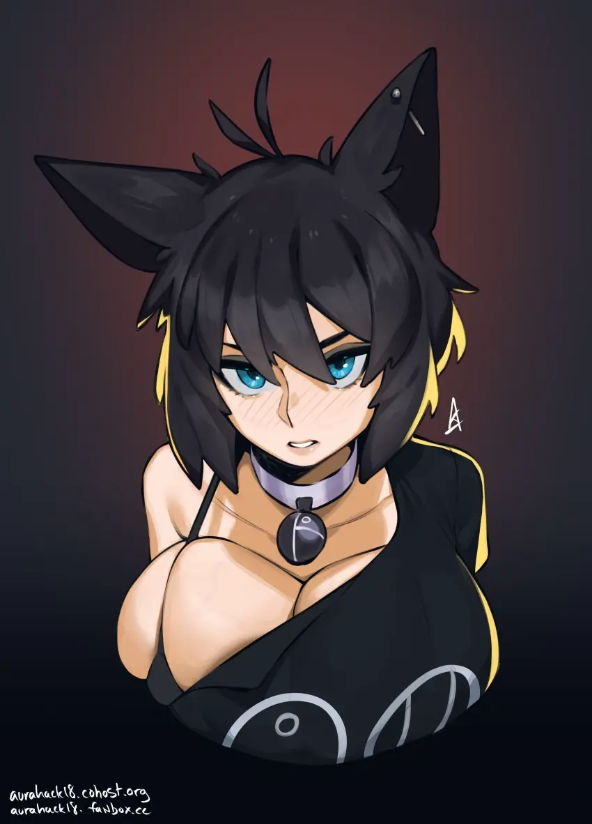Image 1girls,big_breasts,blush,breasts,female,female_only,looking_at_viewer,solo,black_hair,blue_eyes,cleavage,sideboob,absurd_res,collar,ear_piercing,wolf_ears,breast_squish,wolf_girl,portrait,artist_website,aurahack,fictional_language,matoran_text_(bionicle),raine_(zanamaoria)