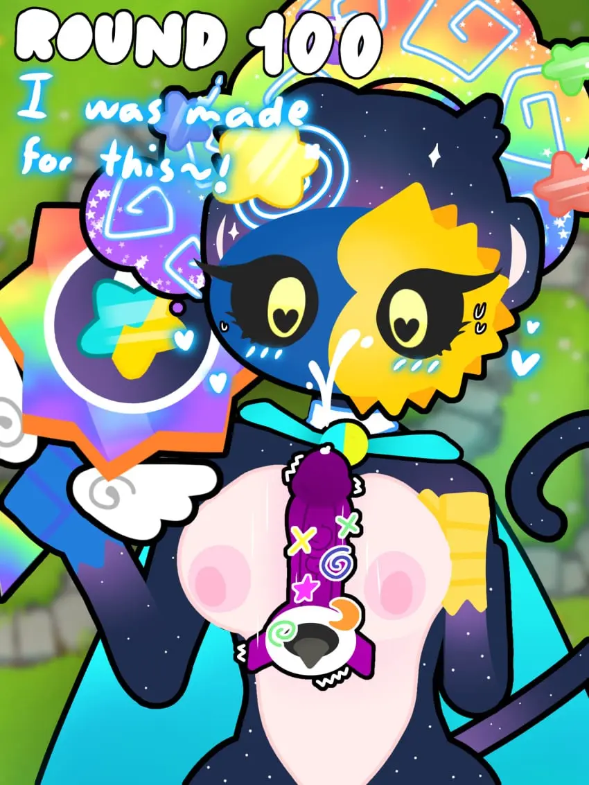 Image 1girls,big_breasts,breasts,female,1boy,cum,heart-shaped_pupils,male,penis,sweat,tail,boobs,furry,tits,multicolored_hair,anthro,2d,purple_fur,purple_skin,text,paizuri,looking_down,looking_pleasured,pov,fur,precum,cape,cumshot,stars,boobjob,titjob,paizuri_lead_by_female,femdom,fluffy_hair,rainbow_hair,mask,cumshot_on_face,masked_female,masked,anonymous_artist,monkey,monkey_girl,bloons_tower_defense,ezili,bloons,bloons_td_6,big_airship_of_doom,galaxili