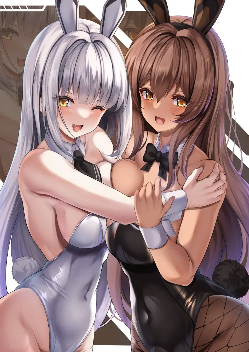 Image blush,breasts,female,female_only,large_breasts,light-skinned_female,light_skin,long_hair,open_mouth,white_hair,2girls,yellow_eyes,orange_eyes,dark_skin,cleavage,one_eye_closed,brown_hair,bunny_ears,dark-skinned_female,sisters,breast_press,goddess_of_victory:_nikke,bunnysuit,pantyhose,blanc_(nikke),noir_(nikke)