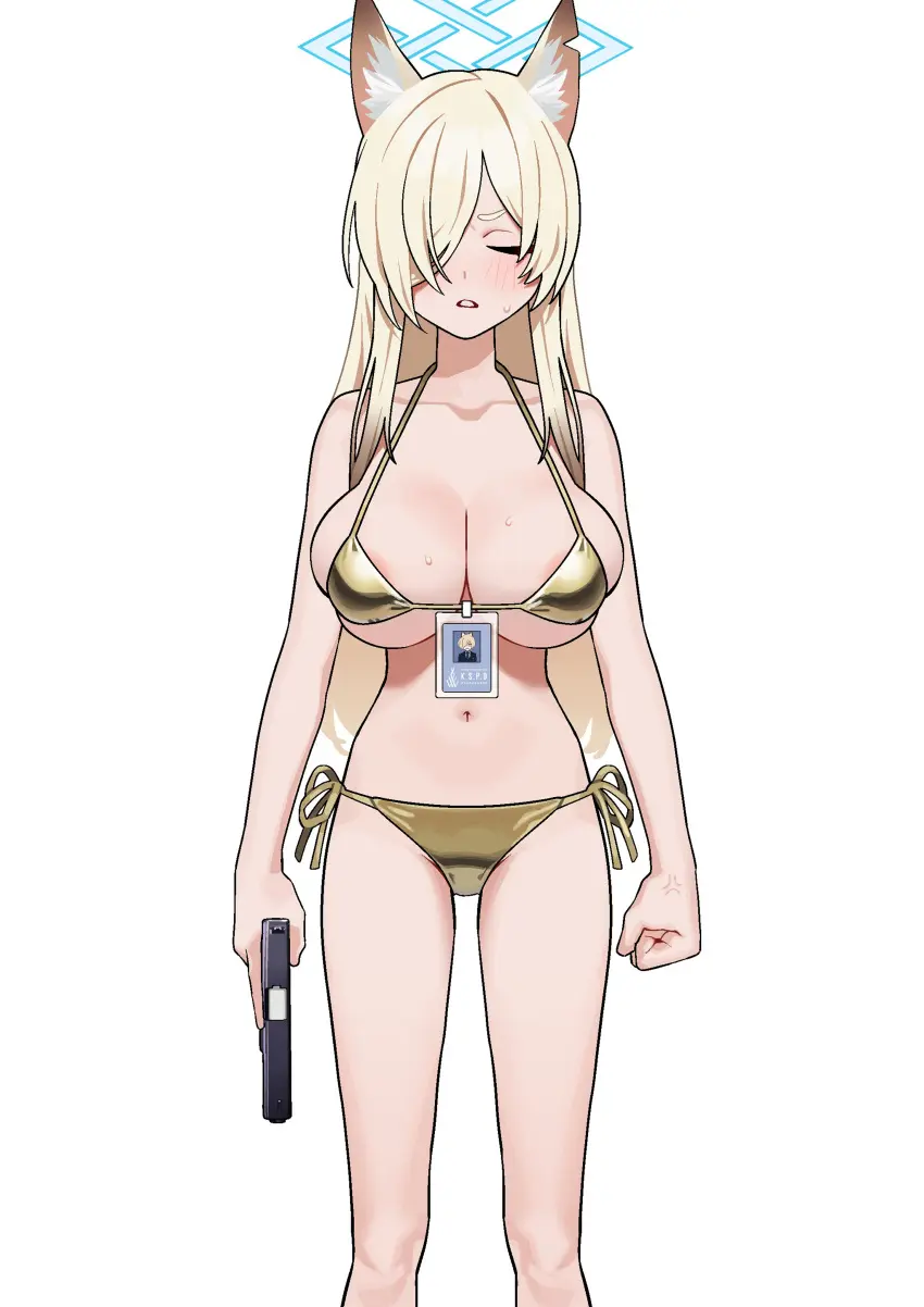 Image blush,breasts,clothing,cowboy_shot,female,human,large_breasts,long_hair,simple_background,solo,standing,white_background,animal_ears,sweat,blue_archive,bikini,hair_over_one_eye,animal_ear_fluff,collarbone,teeth,blonde_hair,swimsuit,halo,pale_skin,closed_eyes,clenched_hand,holding,dog_ears,dog_girl,holding_weapon,weapon,anger_vein,swimwear,gun,blue_halo,holding_gun,id_card,handgun,kanna_(blue_archive),gold_bikini,firearm,fffukuzawa,glock