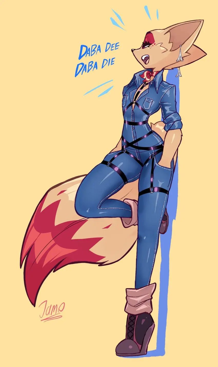 Image 1girls,breasts,female,female_only,hi_res,simple_background,tail,furry,earrings,small_breasts,cleavage,eyelashes,straps,anthro,piercing,text,absurd_res,high_heels,multicolored_fur,artist_signature,latex,fangs,ear_piercing,eyeshadow,makeup,jpeg,bodysuit,furry_only,anthro_only,garter_belt,flat_chest,boots,scarf,denim,eyeliner,high_heel_boots,garter_straps,collared_dress,harness,denim_clothing,garter,wedge_heels,bondage_harness,jamoart