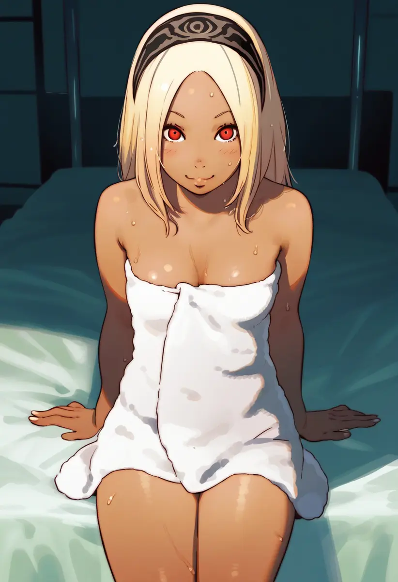 Image blush,female,long_hair,red_eyes,thick_thighs,embarrassed,wet_skin,ai_generated,headband,blonde_hair,sitting,teenager,wet,tanned_skin,tanned,tanned_female,aroused,dark-skinned_female,slim_waist,wet_body,towel,sitting_on_bed,embarrassed_female,before_sex,towel_only,aroused_face,gravity_rush,kat_(gravity_rush),towel_over_breasts,biao-9527