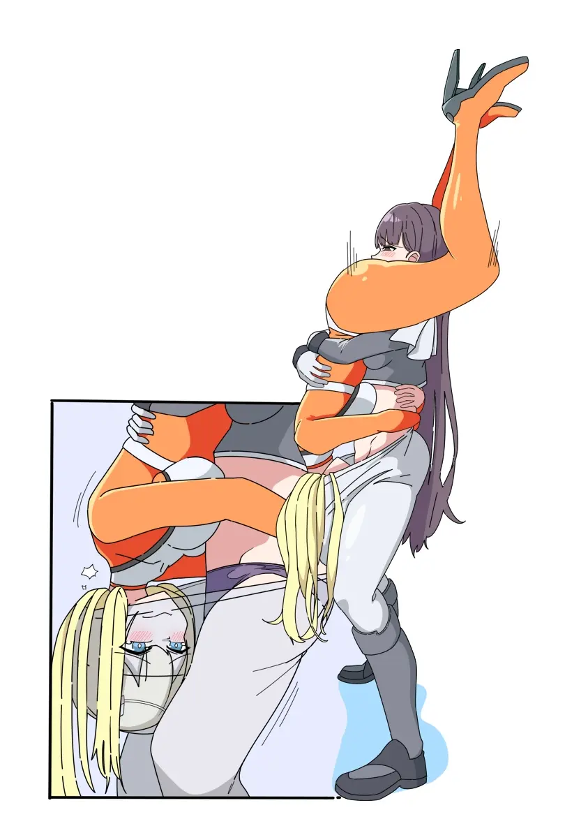 Image blush,breasts,brown_eyes,female,long_hair,white_background,2girls,blue_eyes,multiple_girls,panties,ass,blonde_hair,brown_hair,high_heels,from_side,goddess_of_victory:_nikke,bodysuit,69,fully_clothed,tove_(nikke),head_in_crotch,marciana_(nikke)