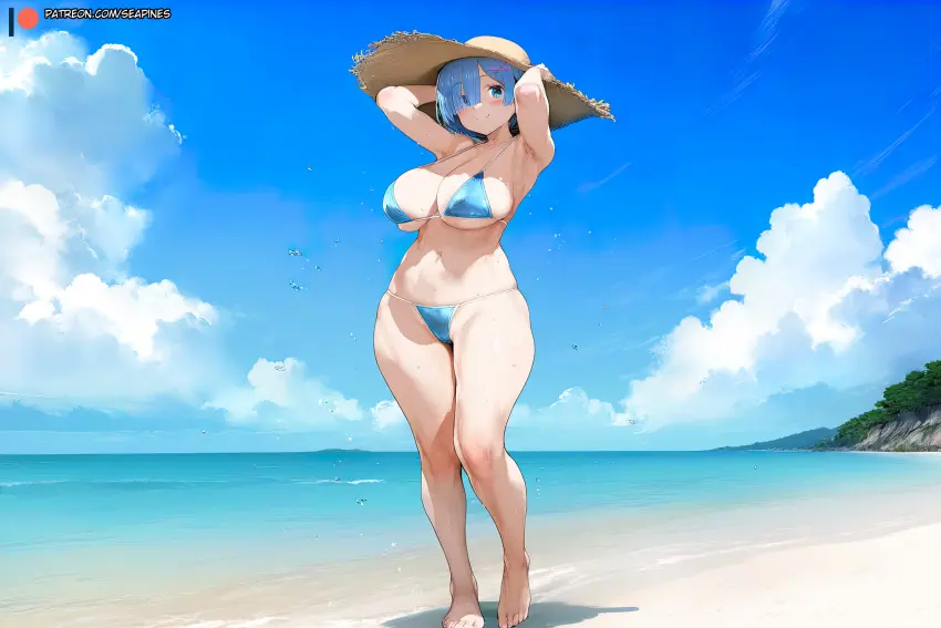 Image blush,breasts,clothing,female,female_only,hair_ornament,large_breasts,looking_at_viewer,smile,solo,standing,bangs,blue_eyes,blue_hair,navel,short_hair,bikini,hat,thick_thighs,thighs,barefoot,hair_over_one_eye,headwear,wide_hips,beach,feet,water,watermark,armpits,ocean,sky,ai_generated,arms_behind_head,arms_up,bare_shoulders,cleavage,underboob,legs,swimsuit,cloud,skindentation,outdoors,re:zero_kara_hajimeru_isekai_seikatsu,rem_(re:zero),string_bikini,sand,blue_bikini,blue_swimsuit,high_resolution,full_body,toes,blue_sky,day,sun_hat,clavicle,straw_hat,x_hair_ornament,one_arm_up,large_filesize,3:2_aspect_ratio,seapine