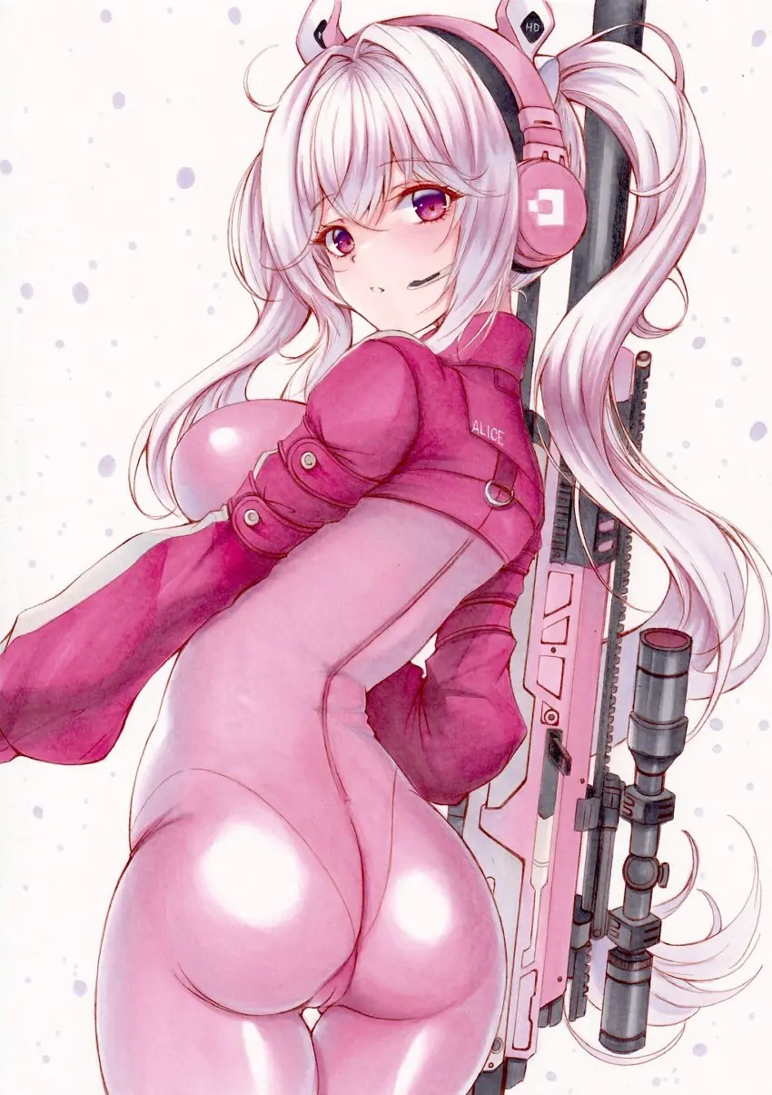 Image 1girls,breasts,female,female_only,looking_at_viewer,white_background,white_hair,ass,looking_back,from_behind,pink_eyes,cameltoe,twintails,tight_clothing,goddess_of_victory:_nikke,ass_focus,bodysuit,arched_back,fully_clothed,alice_(nikke)