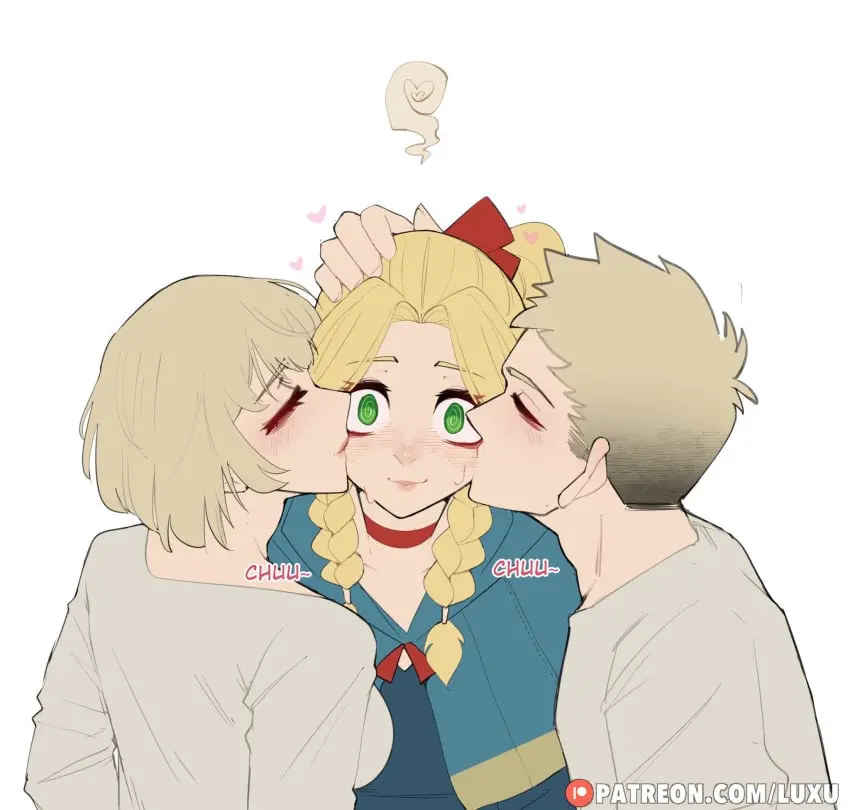 Image blush,female,hi_res,smile,white_background,1boy,2girls,male,multiple_girls,choker,blonde_hair,green_eyes,elf,closed_eyes,heart,elf_ears,elf_female,kissing,twin_braids,wholesome,bisexual,bisexual_female,dungeon_meshi,laios_touden,marcille_donato,falin_touden,delicious_in_dungeon,luxurias,kissing_cheek,falin_touden_(tallman),bisexual_panic