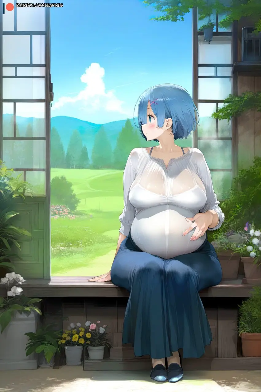 Image blush,breasts,clothing,female,female_only,hair_ornament,large_breasts,looking_at_viewer,shirt,solo,bangs,blue_eyes,blue_hair,short_hair,bra,underwear,hair_over_one_eye,sky,ai_generated,cleavage,jewelry,pregnant,pregnant_female,hairclip,sitting,cloud,wet,indoors,outdoors,re:zero_kara_hajimeru_isekai_seikatsu,rem_(re:zero),skirt,footwear,white_shirt,see-through,flower,high_resolution,tree,ring,window,blue_skirt,full_body,fully_clothed,plant,blue_sky,wet_clothes,day,wholesome,bra_visible_through_clothes,very_high_resolution,garden,x_hair_ornament,long_skirt,house,potted_plant,large_filesize,seapine,flower_pot