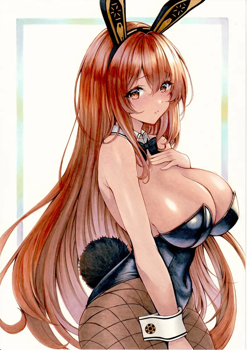 Image 1girls,breasts,female,female_only,large_breasts,long_hair,white_background,orange_eyes,dark_skin,cleavage,brown_hair,bunny_ears,dark-skinned_female,goddess_of_victory:_nikke,bunnysuit,fishnets,hand_on_chest,noir_(nikke)