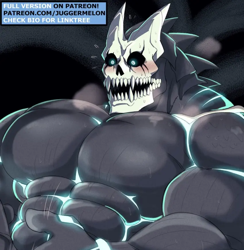 Image blush,highres,solo,1boy,male,nude,muscular,muscular_male,male_only,yaoi,teeth,completely_nude,bara,glowing_eyes,sharp_teeth,black_skin,male_focus,abs,colored_skin,breath,spikes,speed_lines,black_sclera,glowing,paid_reward_available,huge_pectorals,monster_boy,skull_head,sanpaku,colored_sclera,penis_out_of_frame,kaiju_no.8,kafka_hibino,kaiju_no.8_(kafka),flexing_pectorals,glowing_skin,hibino_kafka,juggermelon