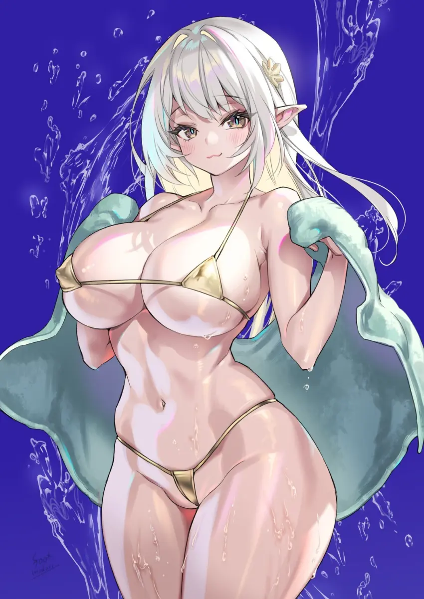 Image blush,breasts,female,long_hair,white_hair,flower_in_hair,wet_skin,huge_breasts,elf,wet,skindentation,micro_bikini,:3,elf_ears,thong,towel,signature,nipple_bulge,gradient_eyes,gold_bikini,towel_around_waist