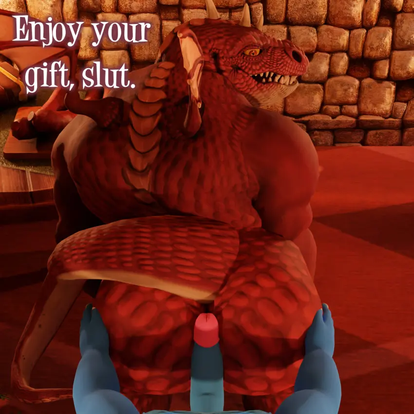 Image hi_res,red_eyes,smile,male,tail,yellow_eyes,ass,big_butt,looking_back,duo,muscular,muscular_male,male/male,teeth_showing,wings,anthro,tan_body,text,mythology,3d,2022,inside,muscular_anthro,horn,english_text,blue_body,scales,scalie,carpet,book,furniture,mythological_creature,dragon,mythological_scalie,table,red_body,red_scales,meat,blue_scales,food,tan_scales,wall_(structure),sausage,albalbalb,penis_between_buttocks,alby_(albalbalb),giana_sisters,gurglewocky_(giana_sisters)