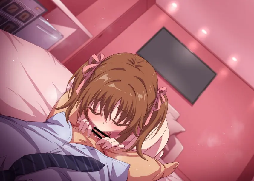 Image 1girls,female,light-skinned_female,light_skin,shirt,1boy,male,straight,fellatio,light-skinned_male,hair_ribbon,censored,brown_hair,closed_eyes,medium_hair,indoors,ribbon,bar_censor,idolmaster,idolmaster_cinderella_girls,necktie,pink_ribbon,black_necktie,blue_shirt,two_side_up,totoki_airi,marugoshi_(54burger),striped_necktie