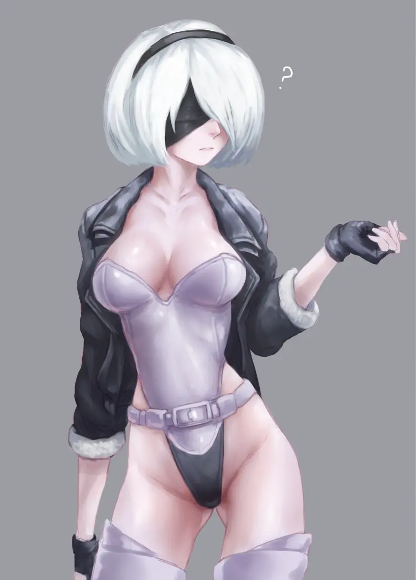 Image breasts,female,highres,solo,standing,absurdres,gloves,short_hair,thighhighs,cleavage,ass_visible_through_thighs,medium_breasts,jacket,belt,grey_background,fingerless_gloves,leotard,?,highleg,highleg_leotard,strapless,strapless_leotard,boots,blindfold,cosplay,bad_id,black_blindfold,covered_eyes,nier:_automata,yorha_2b,android,thigh_boots,ghost_in_the_shell,kusanagi_motoko,nier_(series),sleeves_pushed_up,kusanagi_motoko_(cosplay),bad_tumblr_id,otonaru
