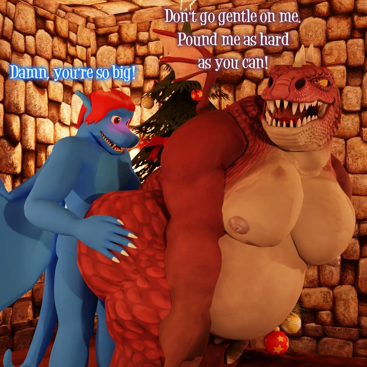 Image blush,hi_res,nipples,red_eyes,standing,male,tail,yellow_eyes,red_hair,ass,big_butt,looking_back,duo,muscular,muscular_male,male/male,belly,big_belly,digital_media_(artwork),hair,size_difference,wings,anthro,tan_body,text,mythology,2022,inside,muscular_anthro,pecs,horn,looking_at_another,christmas,3d_(artwork),english_text,blue_body,scales,scalie,tree,carpet,plant,holidays,mythological_creature,dragon,mythological_scalie,small_dom_big_sub,red_body,red_scales,hand_on_butt,big_pecs,hand_on_leg,blue_scales,musclegut,looking_back_at_partner,tan_scales,hand_on_knee,wall_(structure),looking_back_at_another,christmas_tree,albalbalb,alby_(albalbalb),giana_sisters,gurglewocky_(giana_sisters)