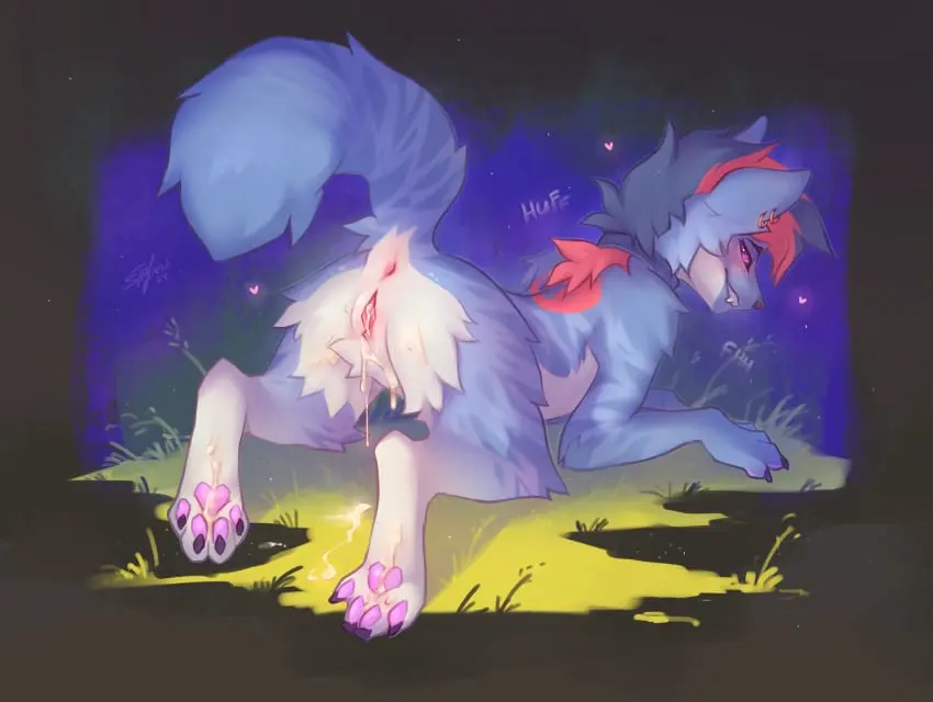 Image female,hi_res,looking_at_viewer,solo,cum,nude,pussy,tail,lying,ass,bedroom_eyes,looking_back,seductive,feet,digital_media_(artwork),anthro,cum_in_pussy,cum_inside,piercing,anus,inviting,after_sex,presenting,night,genital_fluids,collar,bodily_fluids,canid,canine,canis,fur,genitals,mammal,wolf,claws,paws,ear_piercing,cum_on_feet,narrowed_eyes,2024,blue_body,outside,presenting_hindquarters,ass_up,blue_fur,fluffy,fluffy_tail,plant,raised_tail,looking_back_at_viewer,semi-anthro,heart_symbol,moan,perineum,pawpads,grass,collar_only,on_front,outside_sex,fewiesh