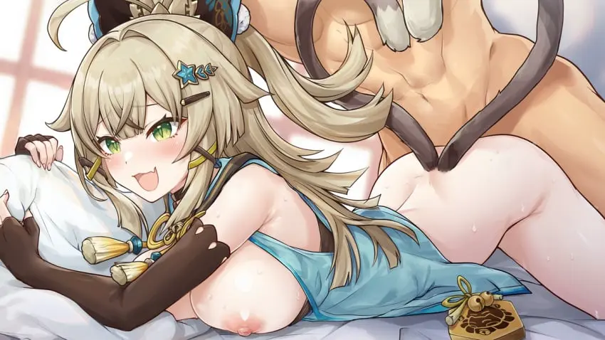Image 1girls,blush,breasts,breasts_out,female,hair_ornament,large_breasts,long_hair,nipples,open_mouth,1boy,animal_ears,gloves,male,penis,straight,sweat,tail,cute_fang,skin_fang,sex,erection,cat_ears,blonde_hair,green_eyes,vaginal_penetration,censored,cat_tail,mosaic_censoring,genshin_impact,hair_between_eyes,bottomless,:3,fingerless_gloves,multi_tail,tails,nekomata,kirara_(genshin_impact),pineapp_panda