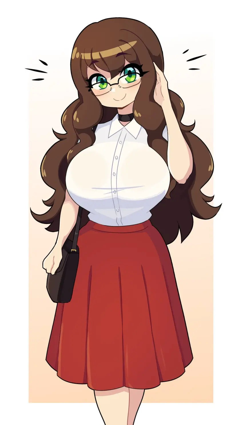 Image 1girls,big_breasts,breasts,female,female_only,hi_res,long_hair,looking_at_viewer,shirt,solo,choker,smiling,smiling_at_viewer,glasses,green_eyes,brown_hair,skirt,commission,handbag,j5daigada