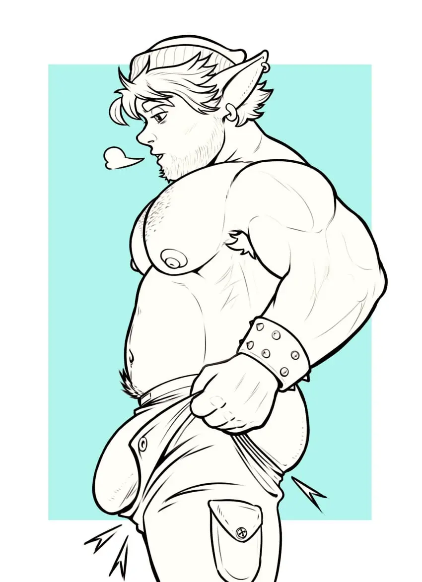 Image clothing,nipples,pants,simple_background,solo,1boy,male,underwear,disney,muscular,muscular_male,male_only,yaoi,elf,gay,pubic_hair,bara,bulge,male_nipples,penis_outline,monochrome,pecs,bracelet,solo_male,big_bulge,meme,spiked_bracelet,armpit_hair,no_color,pixar,tight_pants_(meme),barley_lightfoot,gepp_(artist),onward_(2020)