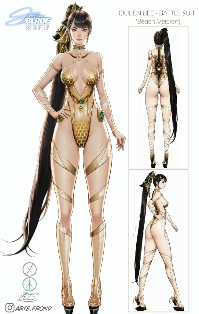 Image 1girls,female,solo,ponytail,cleavage,high_heels,tight_clothing,revealing_clothes,eve_(stellar_blade),stellar_blade,full_body,character_sheet,full,artefrond
