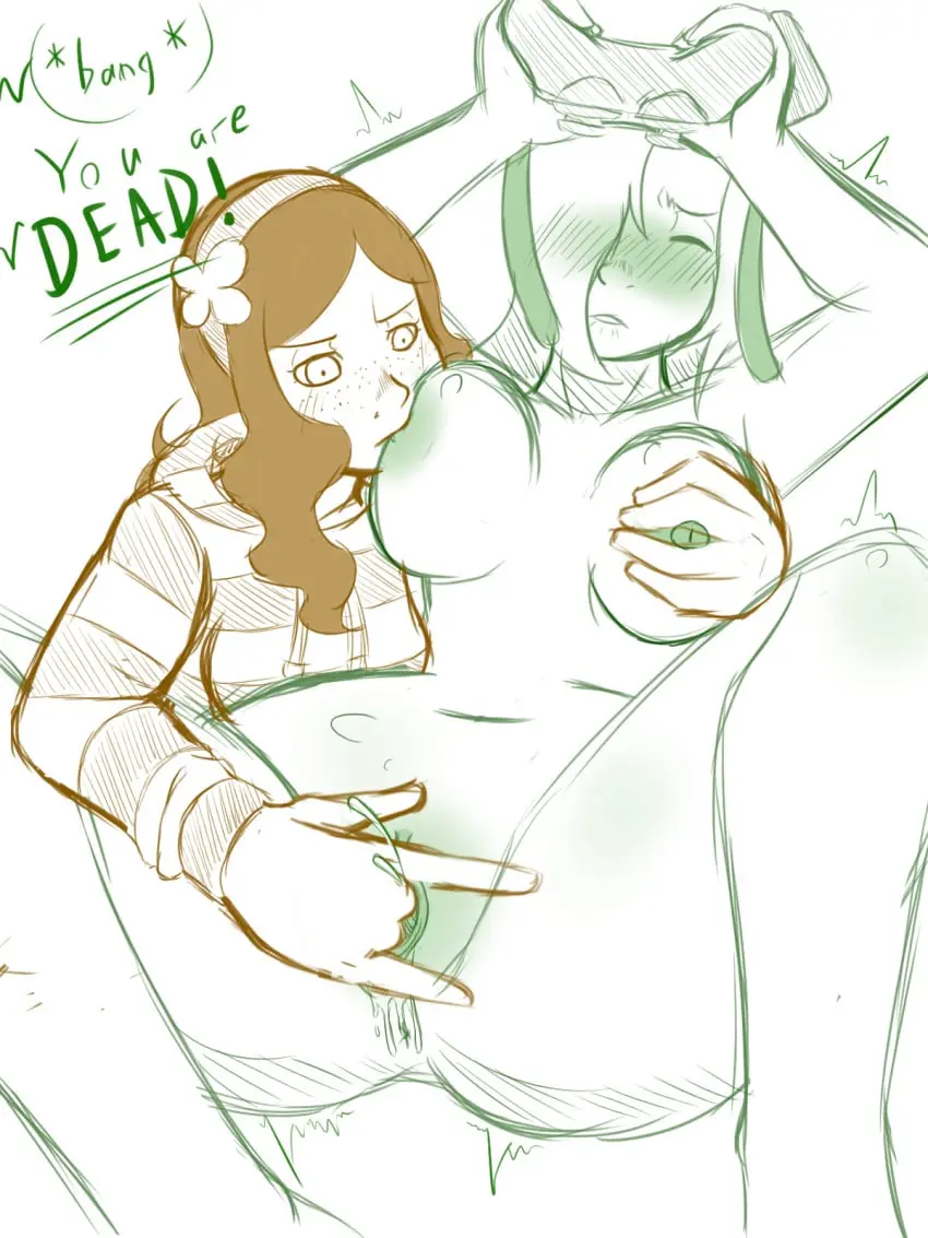Image blush,female,female_only,2girls,multiple_girls,clothed_female,nude_female,voluptuous_female,closed_eyes,yuri,fingering,enjoying,fingering_partner,fondling_breast,playing_videogame,4chan,/v/,superllama,vivian_james,clover_headband